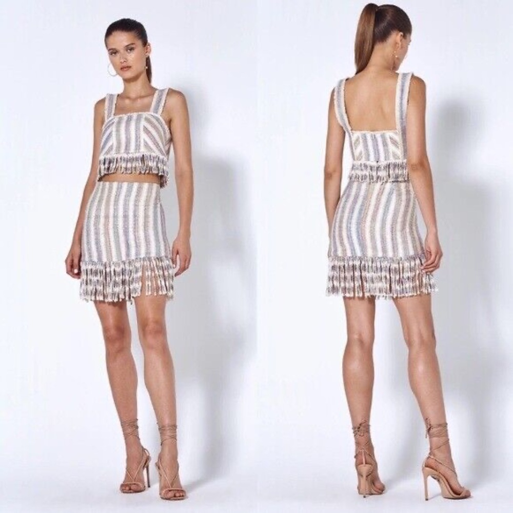 Alexis Pelle & Vichy Fringe 2 Piece SET Crop Tank Top & Skirt Sz L